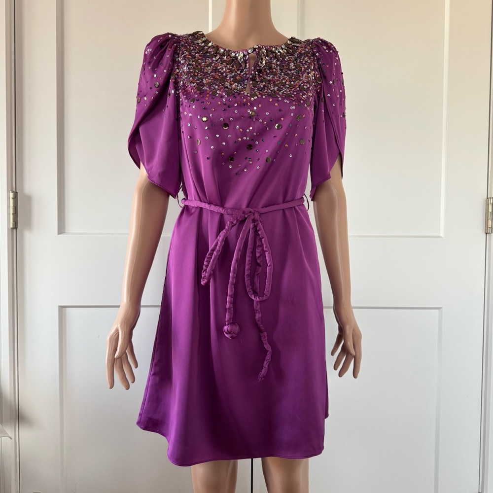 Meghan LA Los Angeles Purple Silk Satin Gold Sequins Embellishment Mini Dress XS